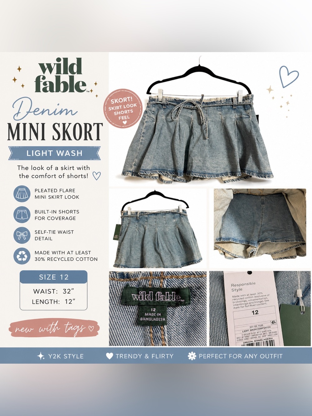 Wild Fable Denim Mini Skort Light Wash Pleated Y2K Low Rise Size 12 NWT